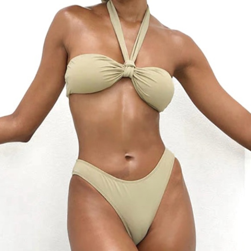 NWT Icon Swim Bikini Halter Bandeau Top Cheeky Leggy Bottoms Beige Swimsuit | XL
